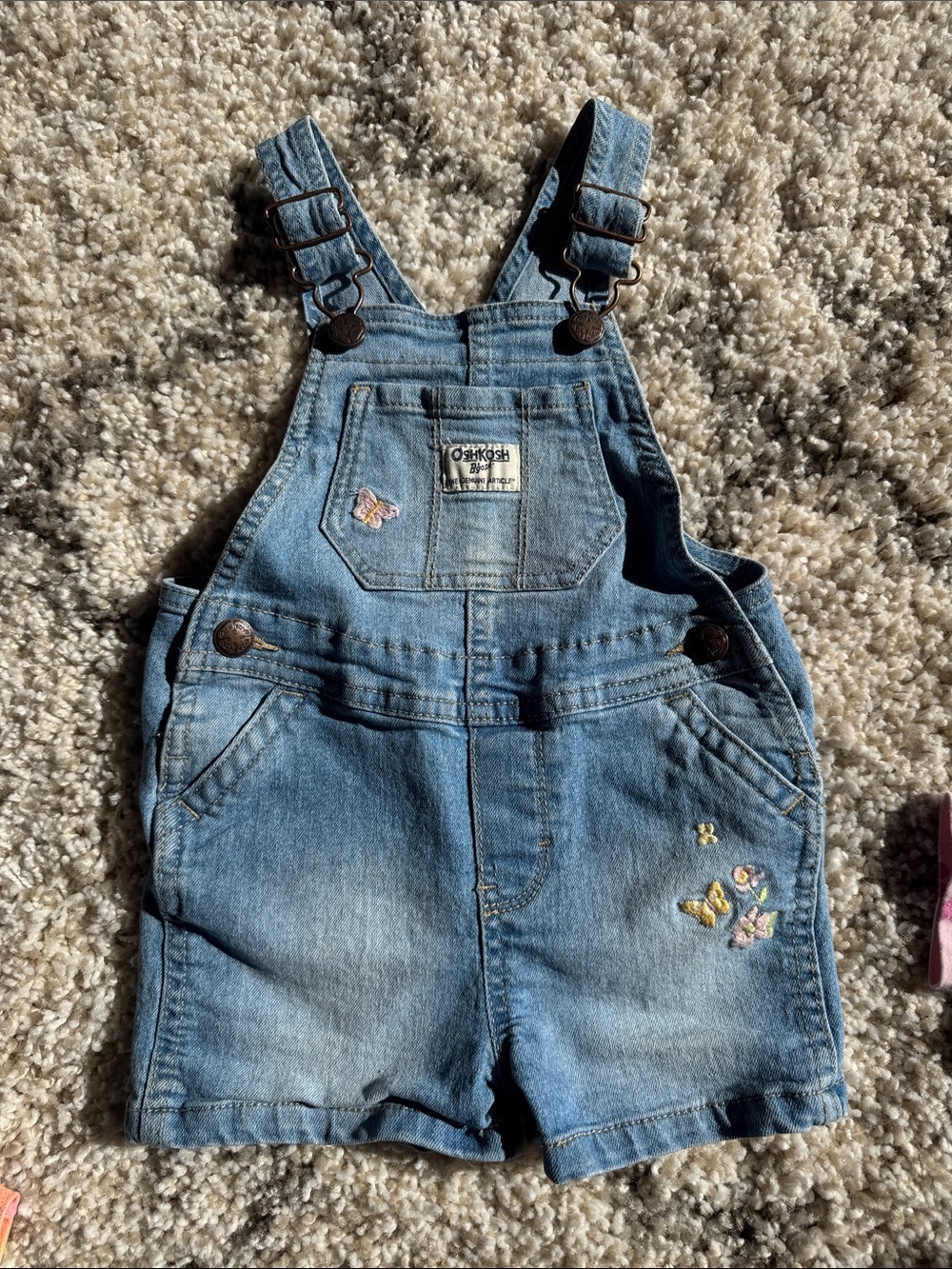 OshKosh B'gosh Light Blue Denim Short Overalls with Butterfly Embroidery